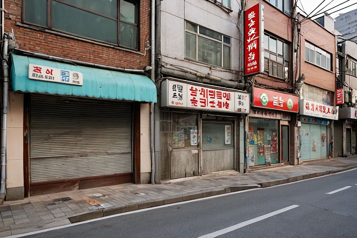 서울 강남구 신사동 상가 지역의 철거 전 상업 구조물과 주변 건물들이 정확히 배치된 모습. 상가의 구조와 인근 상가와의 관계가 자연스럽게 드러납니다.