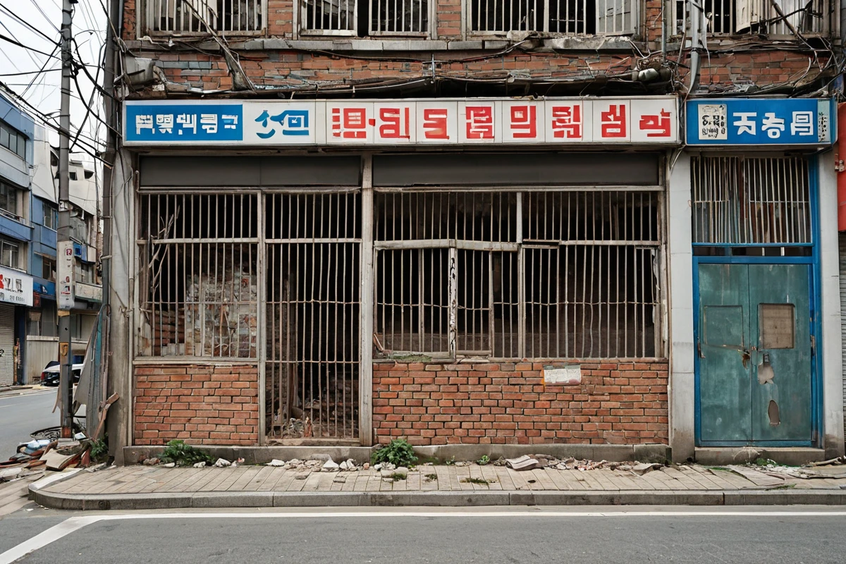 서울 강남구 신사동의 폐업된 상가 건물 외관. 손상된 구조물과 철거를 위한 안전 울타리가 설치된 모습. 주변 건물과의 조화를 고려한 철거 전 점검 장면.