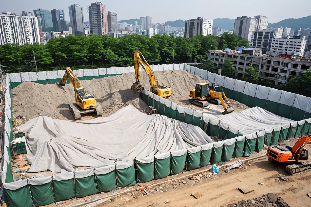 서울 강남구 신사동 철거 현장에서 환경 보호를 위한 흙막이와 소음 차단 천막이 설치된 모습. 철거 과정에서 발생할 수 있는 먼지와 소음을 방지하기 위한 실용적인 시설이 철저히 정리