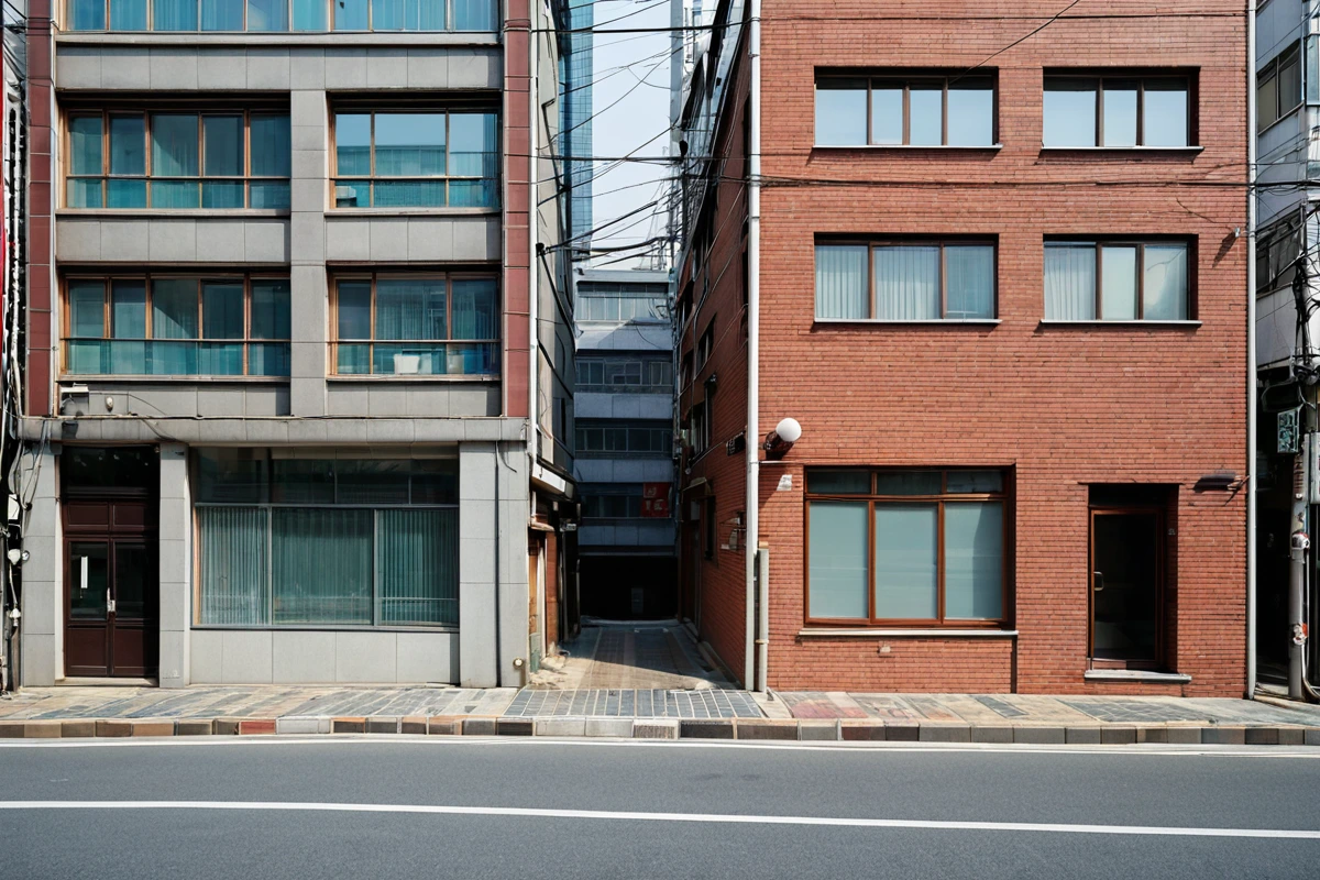 서울 강남구 압구정동 상가 건물과 봉천동 주택 건물의 구조적 차이를 보여주는 비교 사진, 상가 건물의 대형 구조물과 주택의 작은 규모를 자연스럽게 구분한 사진