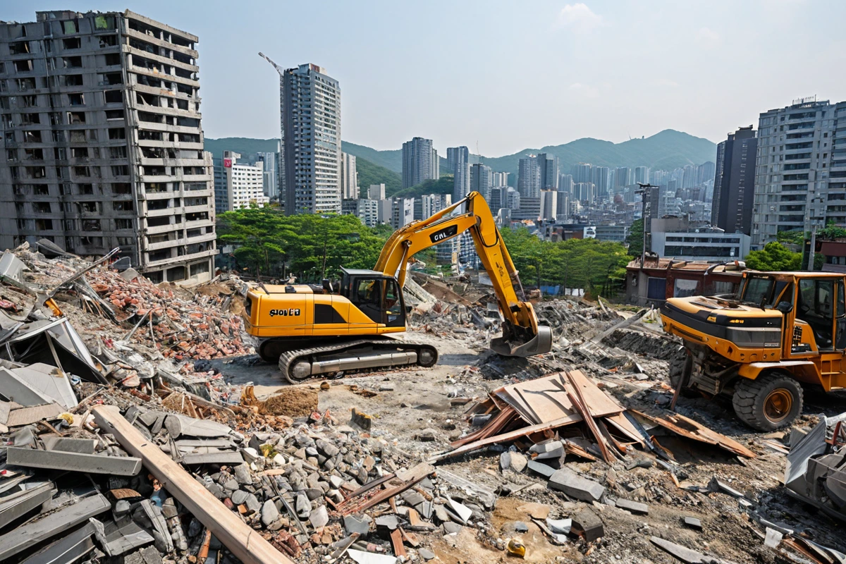 서울 강남구 압구정동에서 진행된 철거 공사 현장, 철골 구조 주택의 잔해가 철거 장비로 정리되고 있는 모습, 주변 고급 주택과의 거리감을 고려한 안전한 작업 환경