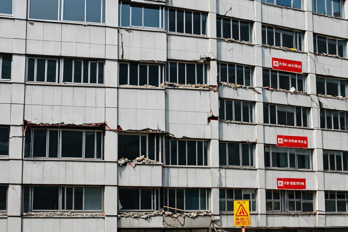 서울 강남구 압구정동의 고급 사무실 건물 외관. 건물 벽면에 미세한 균열이 보이고, 안전 점검을 위한 빨간색 안전 표지판이 부착된 상태. 건물 주변에는 철거 작업을 위한 안전 테이