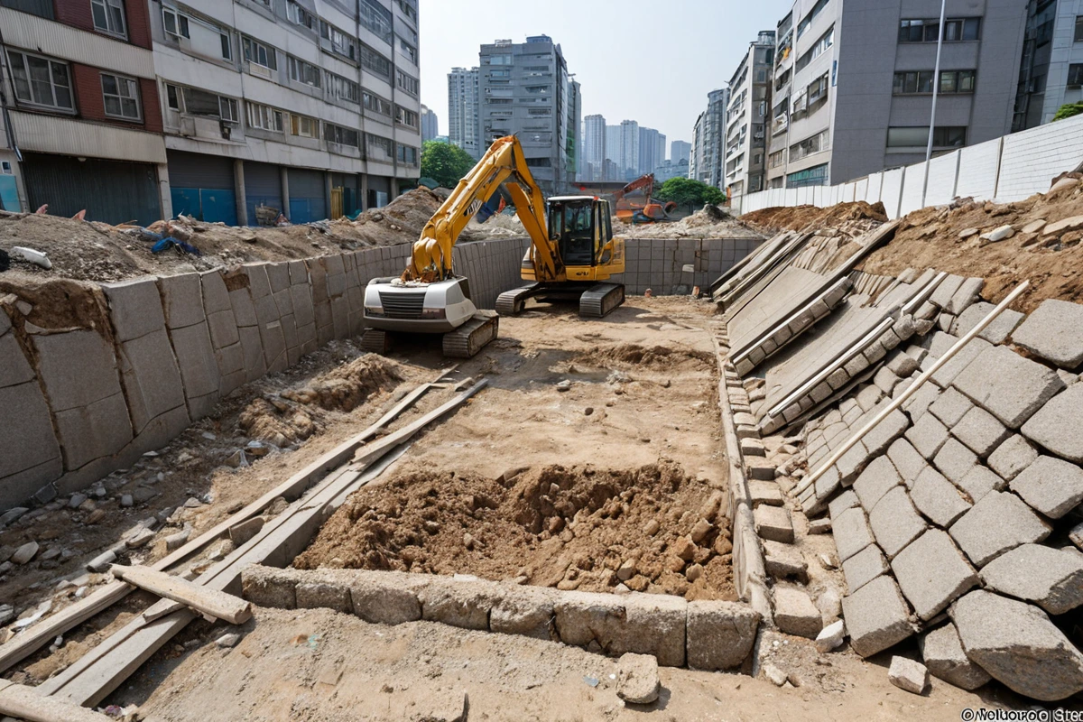 서울 강남구 압구정동의 주택 철거 현장에서, 구조적 결함이 발견되어 추가 보강 작업이 필요한 모습. 철거된 벽면에 보강재가 설치된 상황이 자연스럽게 드러나며, 주변 환경 보호를 위