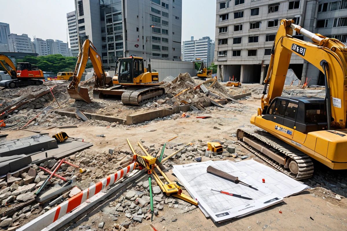 서울 강남구 압구정동의 현대적인 주택 철거 현장에서, 정확한 비용 산정을 위해 철거 전 상세한 구조 분석을 진행하는 모습. 철거 장비가 정리된 배경에 철거 계획서와 측정 도구가 놓