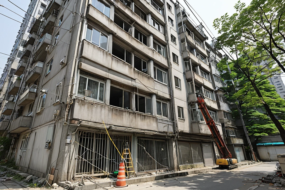 서울 강남구 압구정동 주거지역의 철거 전 안전 점검을 위한 현장에서, 철거 전 구조물의 안정성을 평가하기 위해 전문 장비로 측정하고 있는 모습. 주변에 주민의 생활권을 고려한 소음