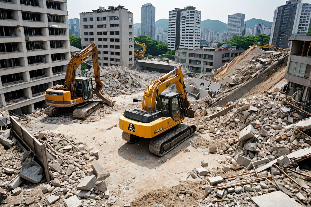 서울 강남구 압구정동 주택 철거 현장에서 기계를 이용해 철거 작업이 진행 중인 모습. 철거 기계와 폐기물 처리 장비가 자연스럽게 배치된 현실적인 장면, 철거 작업의 효율성을 보여주