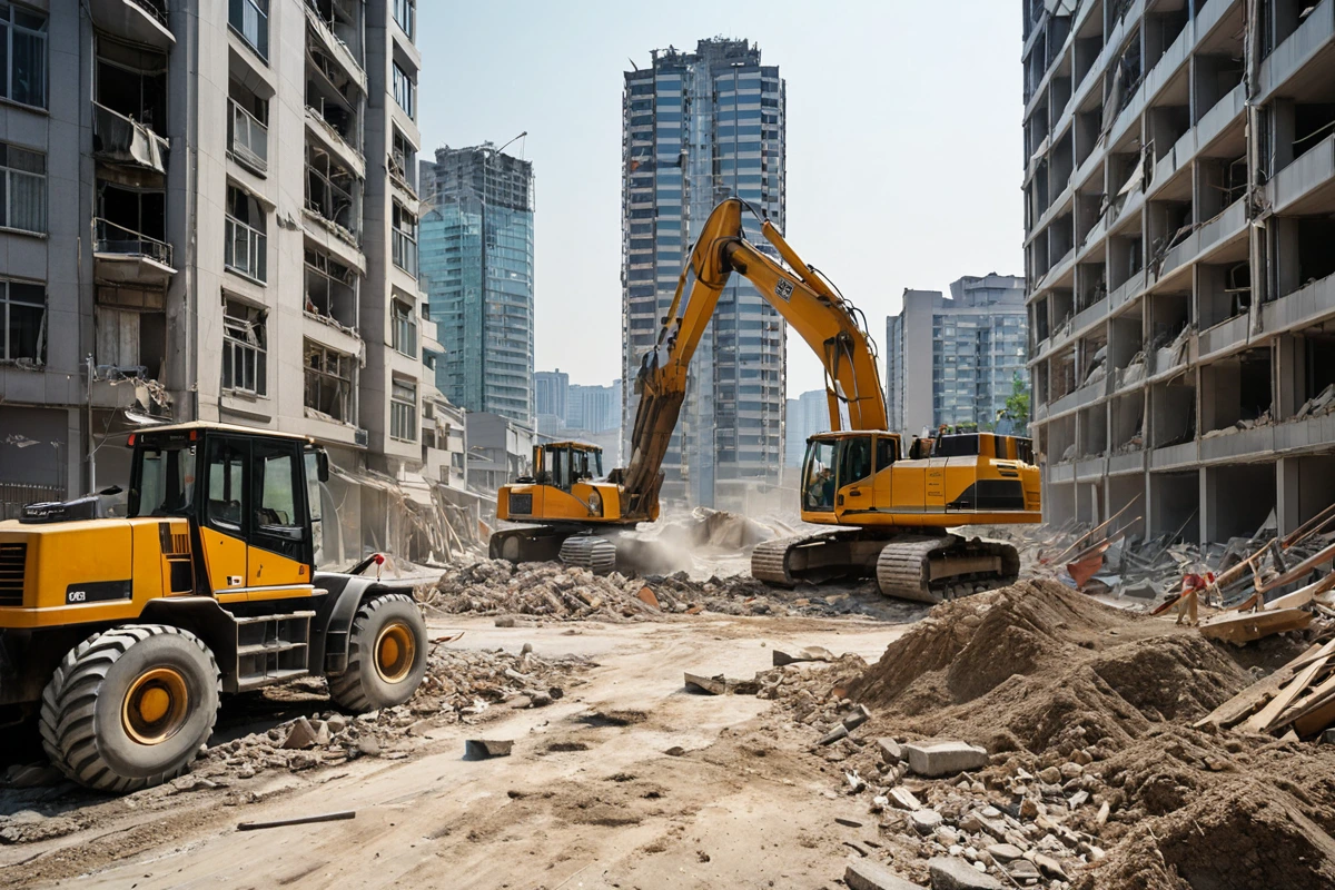 서울 강남구의 고급 주택가에서 철거 작업 중인 중장비가 도로를 가로막고 있는 장면, 주변 건물의 유리창이 반사된 모습과 철거 중인 건물의 구조가 드러난 채로 정리된 흙먼지가 날리는