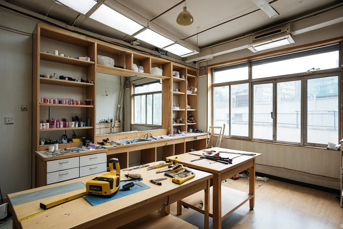 서울 강남구의 네일샵 철거 현장, 철거 전 공간 구조 분석을 위한 측정 도구와 현장 사진이 놓여진 테이블. 철거 대상 물품이 정리된 상태로 철거 계획 수립을 위한 준비가 완료된 모
