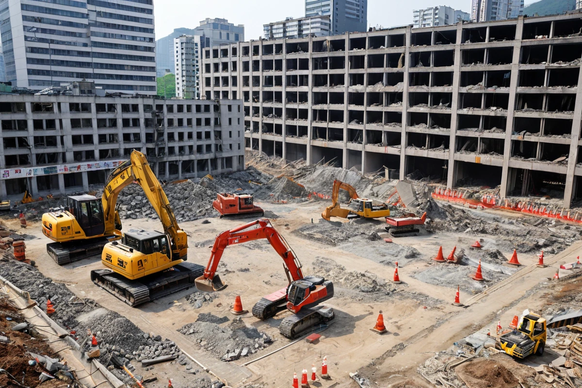 서울 강남구의 노후 건물 철거 현장, 방화구역을 정확히 표시한 현장도면과 철거 장비가 배치된 모습, 건물 외벽의 방화구역 표시가 뚜렷한 장면
