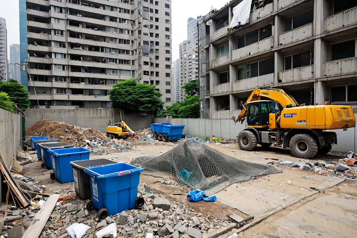 서울 강남구의 철근콘크리트 아파트 현장에서 철거 작업 전 현장 조사용 측정기와 도면이 놓여진 모습. 건물 외벽에 철거 작업을 위한 안전망이 설치되어 있으며, 폐기물 처리를 위한 대