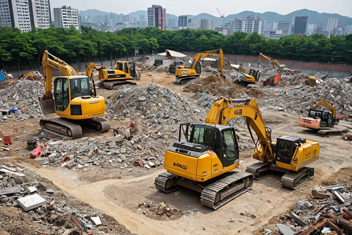 서울 강남구의 한 단독주택 철거 현장. 철거 중인 건물의 구조물이 정리된 토지 위에 철거된 재료들이 깔끔하게 분리되어 놓여 있으며, 철거 장비가 정리된 상태로 주변에 배치되어 있습