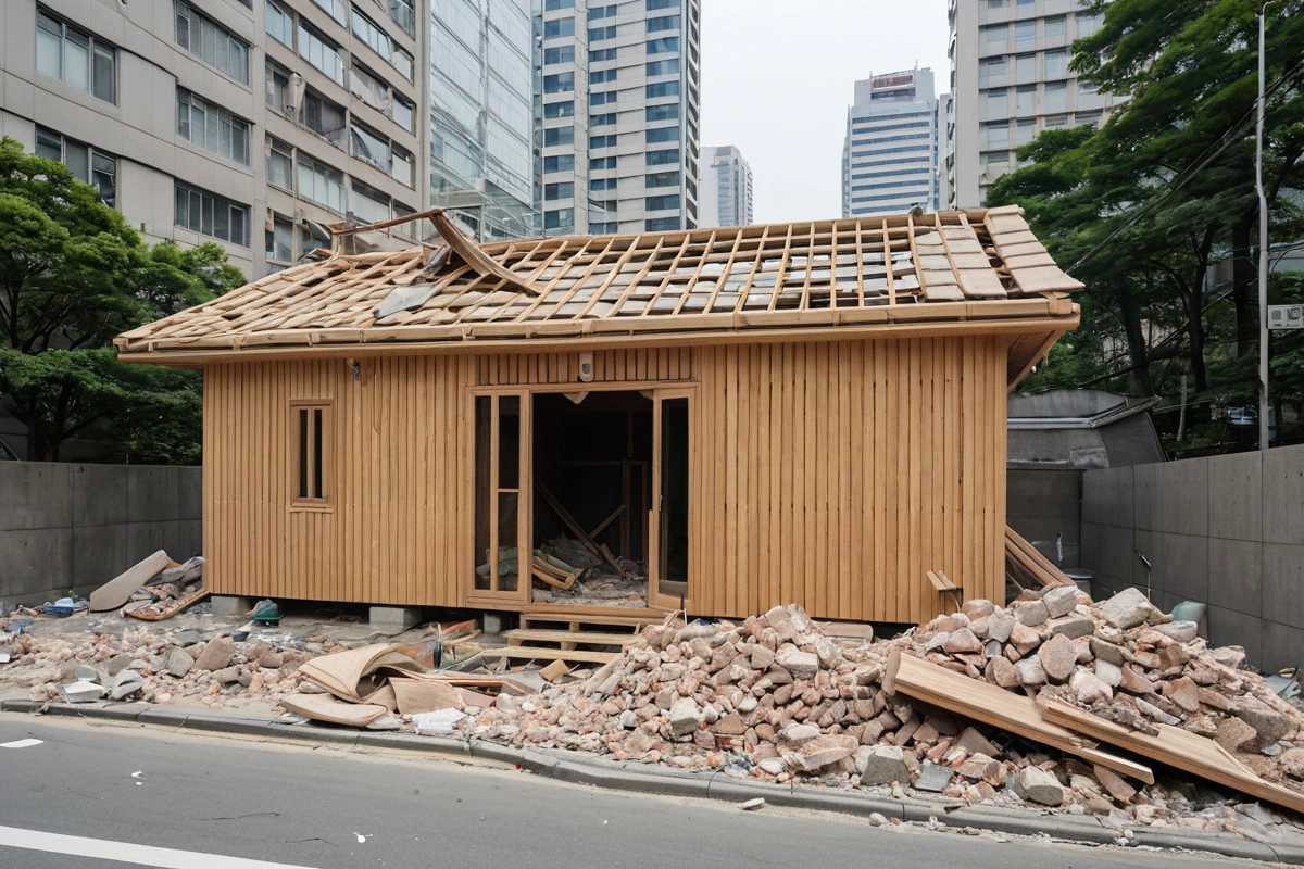 서울 강남구의 한 사우나 건물 외부. 철거 중인 구조물의 잔해가 청소된 채로 정리된 현장. 건물의 일부가 철거된 후 남은 벽면과 지붕 구조가 보이며, 철거 작업을 위한 안전 울타리