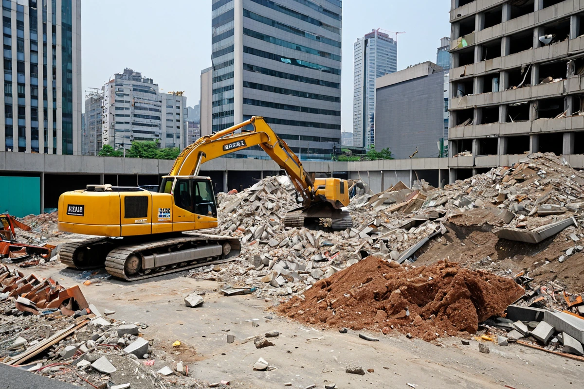 서울 강남구의 한 상가 건물 철거 현장. 주변 건물과의 거리가 적절히 유지된 상태에서 철거 작업이 진행되고 있는 모습. 철거된 건물 잔해가 청소되고 있는 모습과 주민들이 소음 차단