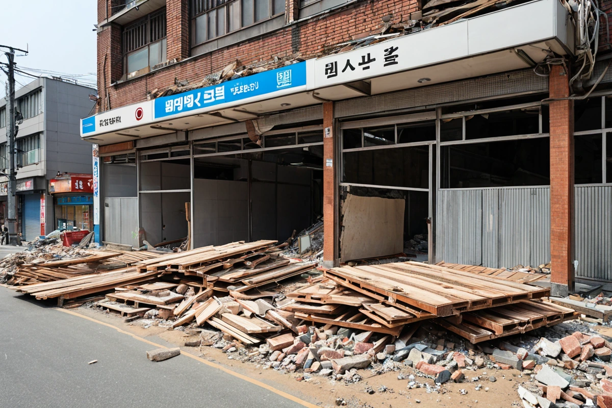 서울 강남구의 한 편의점 철거 현장, 철거 전 재사용 가능한 자재를 분리해 놓은 모습. 철거 중인 건물 외벽과 분리된 목재, 금속 부품이 정리된 풍경.