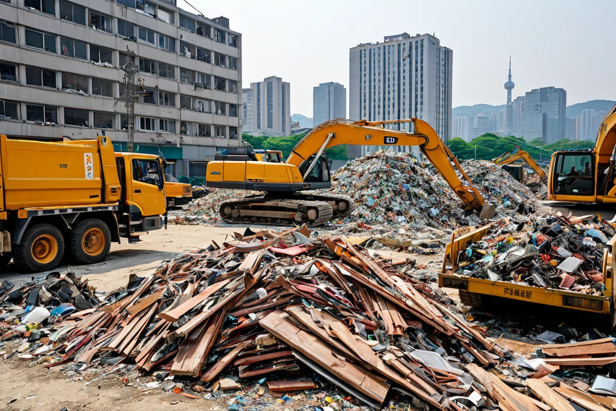 서울 강남구 한 음식점 철거 현장에서 분리된 금속, 목재, 플라스틱 폐기물이 재활용업체 차량에 실려가는 모습. 철거 작업 중인 철거 장비가 배경에 보이며, 폐기물 분리 작업이 철저