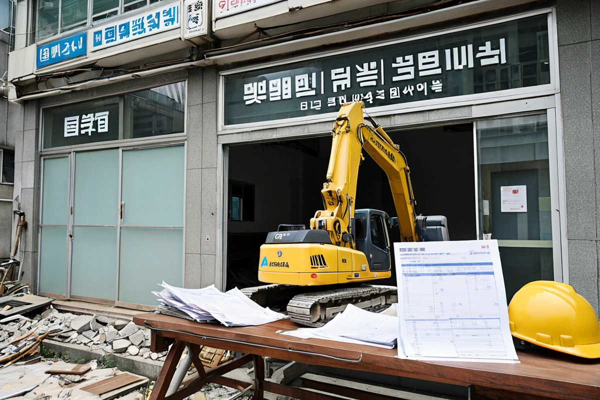 서울 강동구 암사동의 철거 업체 사무실 외부에서, 철거 허가증과 안전 기준 표시가 부착된 간판이 보이는 모습. 철거 장비가 정비되어 있는 현장과 함께 철거 업체의 업무용 문서가 정