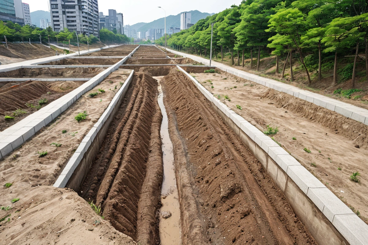 서울 강동구 천호동의 주택 철거 후 토양 정리와 배수 시스템 복원이 완료된 토지. 토양 표면이 균일하게 정리되고, 배수沟이 깨끗하게 형성되어 있으며, 주변에 식생 복원을 위한 식물