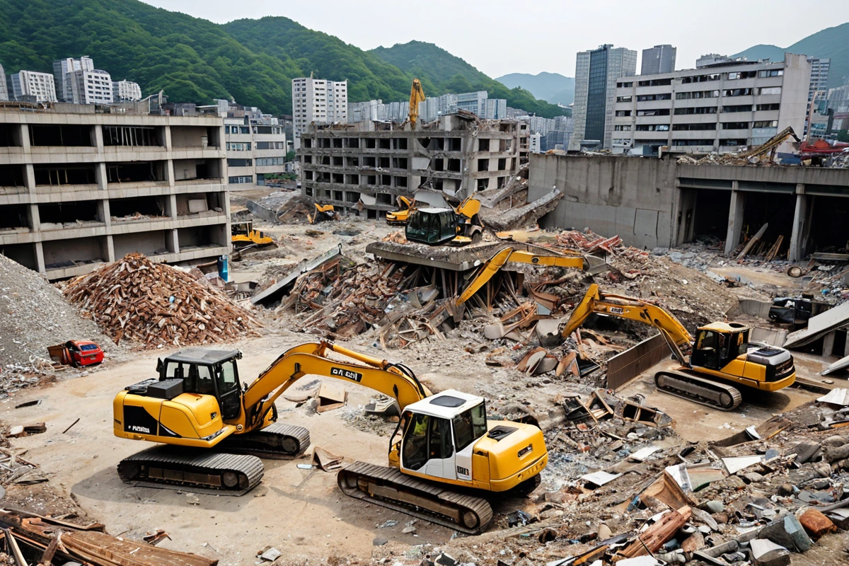 서울 강북구 봉천동 주택 철거 현장에서 인건비, 장비 비용, 폐기물 처리 비용을 나타내는 세 가지 요소를 구분해 보여주는 사실적인 장면. 철거 중인 건물의 일부와 철거 장비, 분리