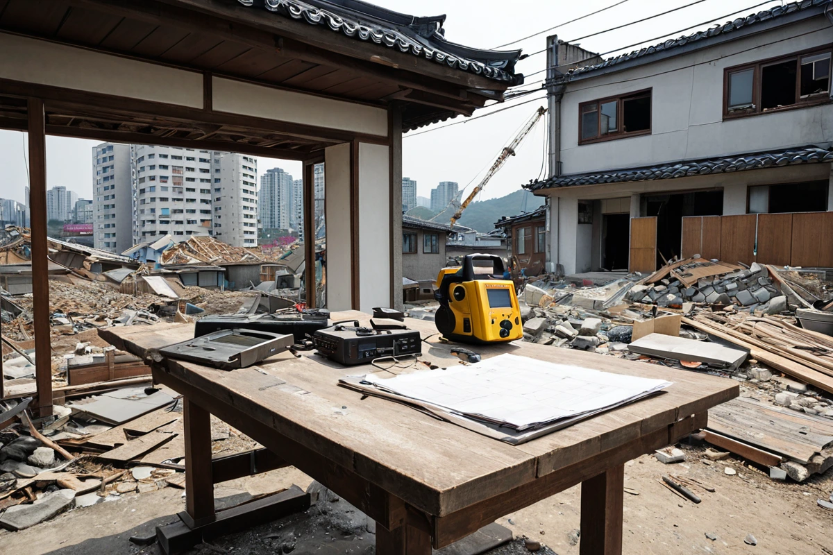 서울 강북구 우이동의 주택 철거 현장에서 철거 전 신뢰성 점검을 위한 정밀한 장비와 철거 계획서가 놓인 테이블 위의 장면, 건물 외벽의 구조적 손상 부위를 확인하는 현장 감시 장비