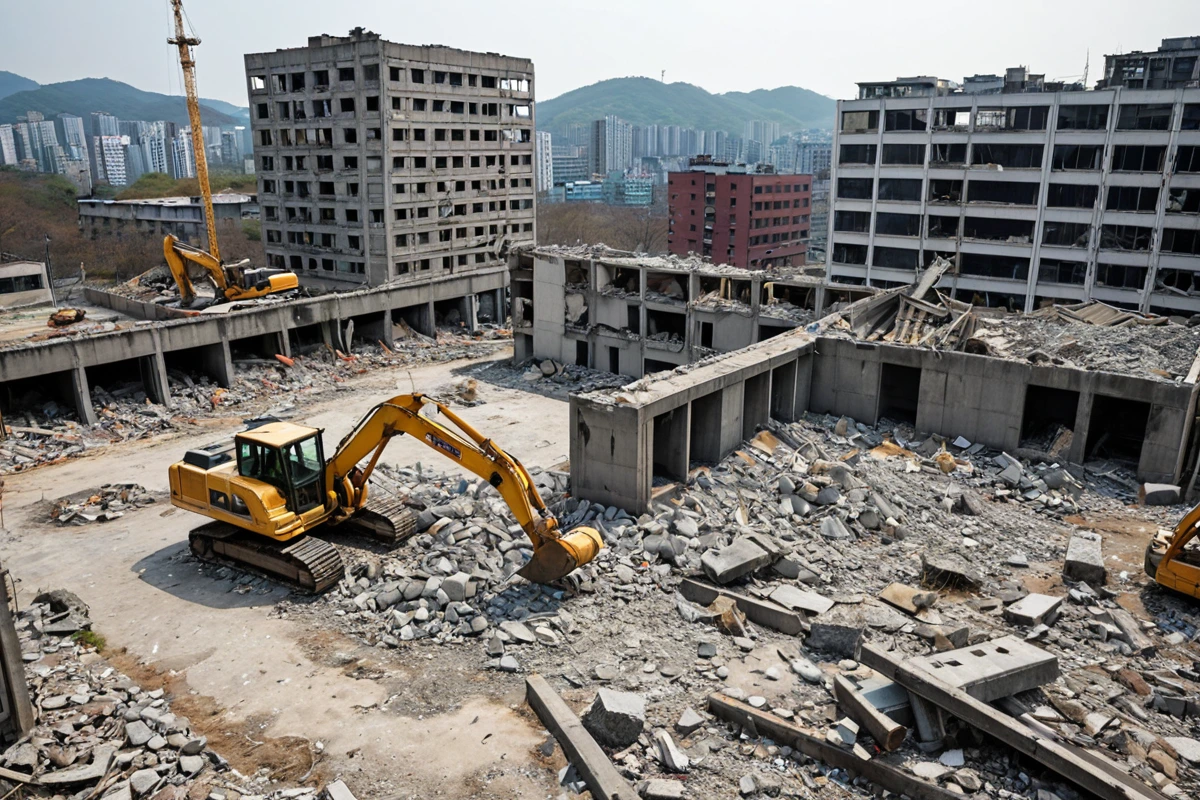 서울 강북구 우이동의 폐업 건물 철거 현장에서 철거 작업 중인 장비와 철거된 구조물의 잔해가 정리된 모습. 구조물 크기와 철거 방법에 따라 달라지는 비용 구조를 상징하는 철재와 콘