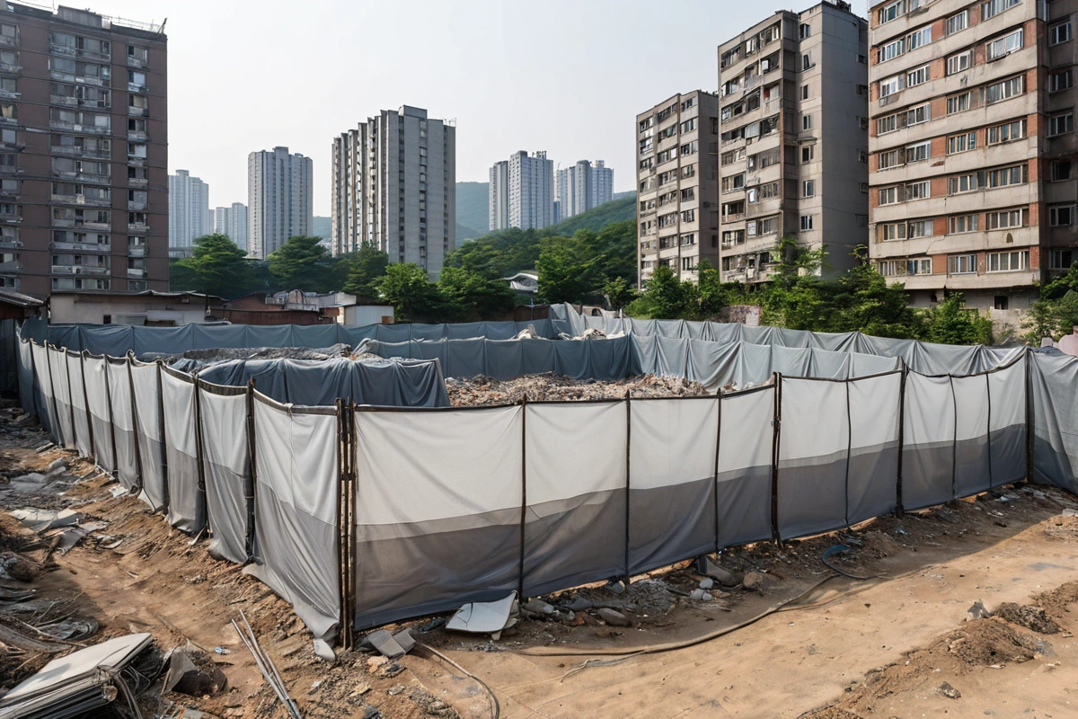 서울 강북구 우이동 주거 지역의 철거 현장, 주변 건물과의 거리가 가까운 곳에서 먼지 차단을 위한 철망과 비닐로 덮인 철거 구역, 주민의 편의를 고려해 조용한 시간대의 철거 작업을