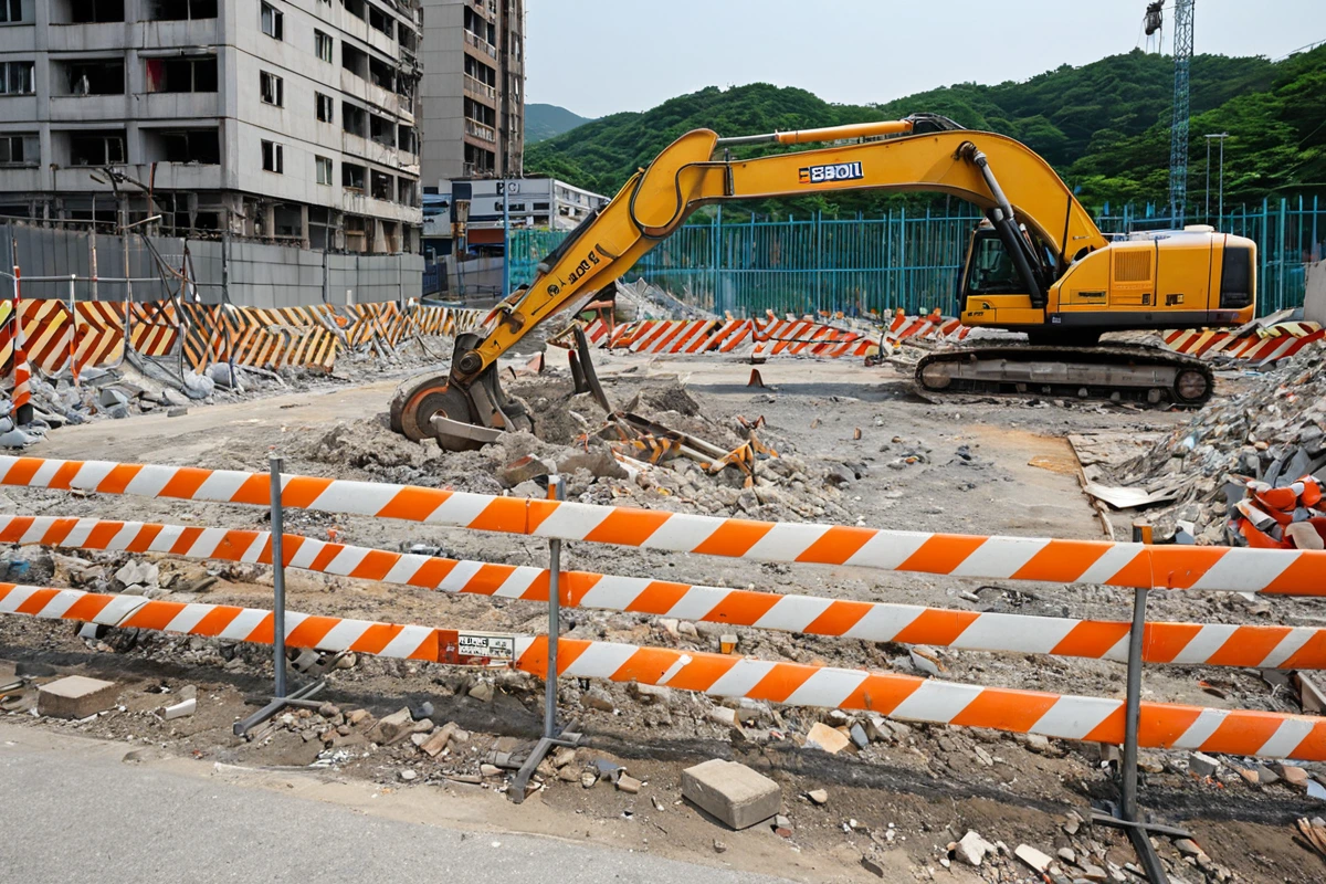 서울 강북구 철거 현장에서 안전 장비가 철저히 갖춰진 공사 현장의 앞쪽 경계선이 보인다. 안전 울타리와 안전 표지판이 설치되어 있고, 철거 장비가 정리되어 있는 현장의 평온한 분위