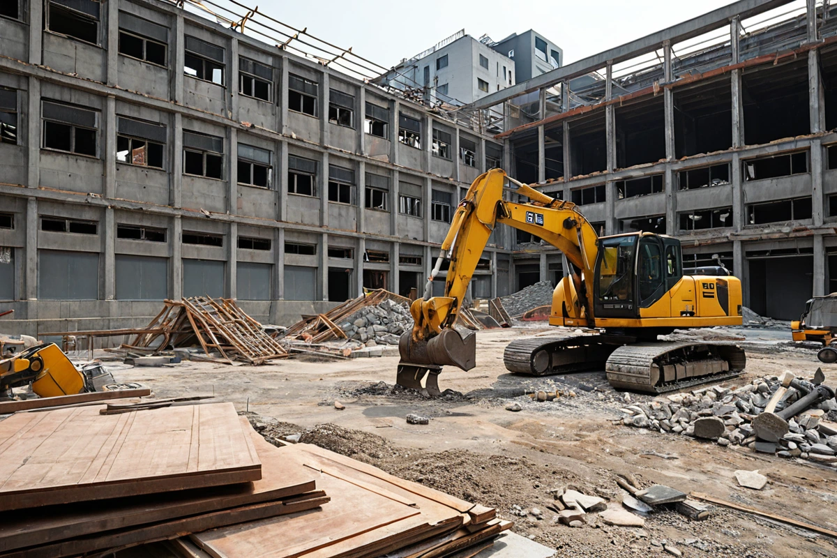서울 강서구 가양동의 원상복구 현장에서 철거 후 복구 중인 구조물과 정확한 비용 계산을 위한 문서가 놓인 테이블 위의 장면. 철거 장비와 복구 중인 구조물의 세부 사항이 선명하게