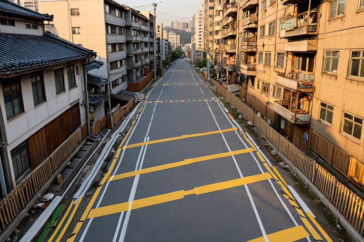 서울 강서구 가양동의 인구 밀집 지역에서 철거 계획 수립을 위한 주변 보행자 이동 경로를 표시한 도로 표지와 안전 테이프가 설치된 모습. 주변 건물과 보행자 안전을 고려한 철거 계