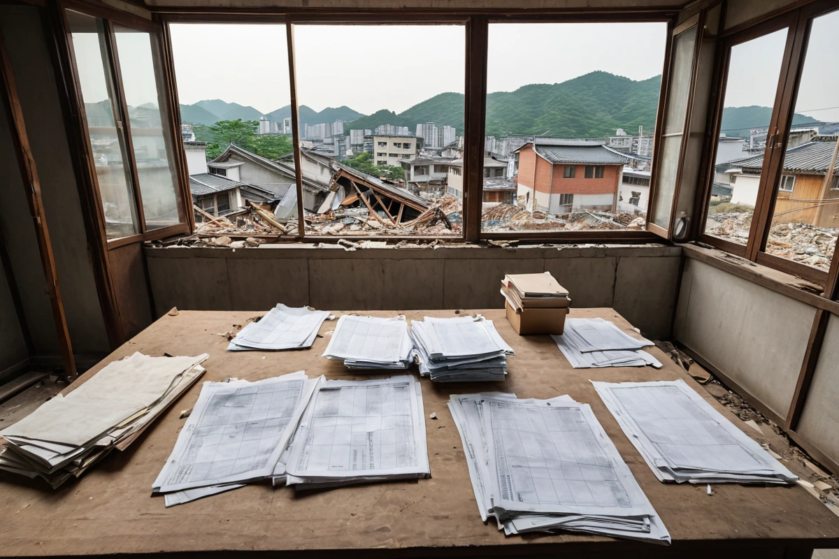 서울 강서구 가양동의 주택 가벽 철거 현장에서 여러 업체의 견적서가 테이블 위에 놓여 있는 장면. 견적서의 구체적인 내용은 보이지 않지만, 비교 가능한 여러 개의 문서가 정리되어