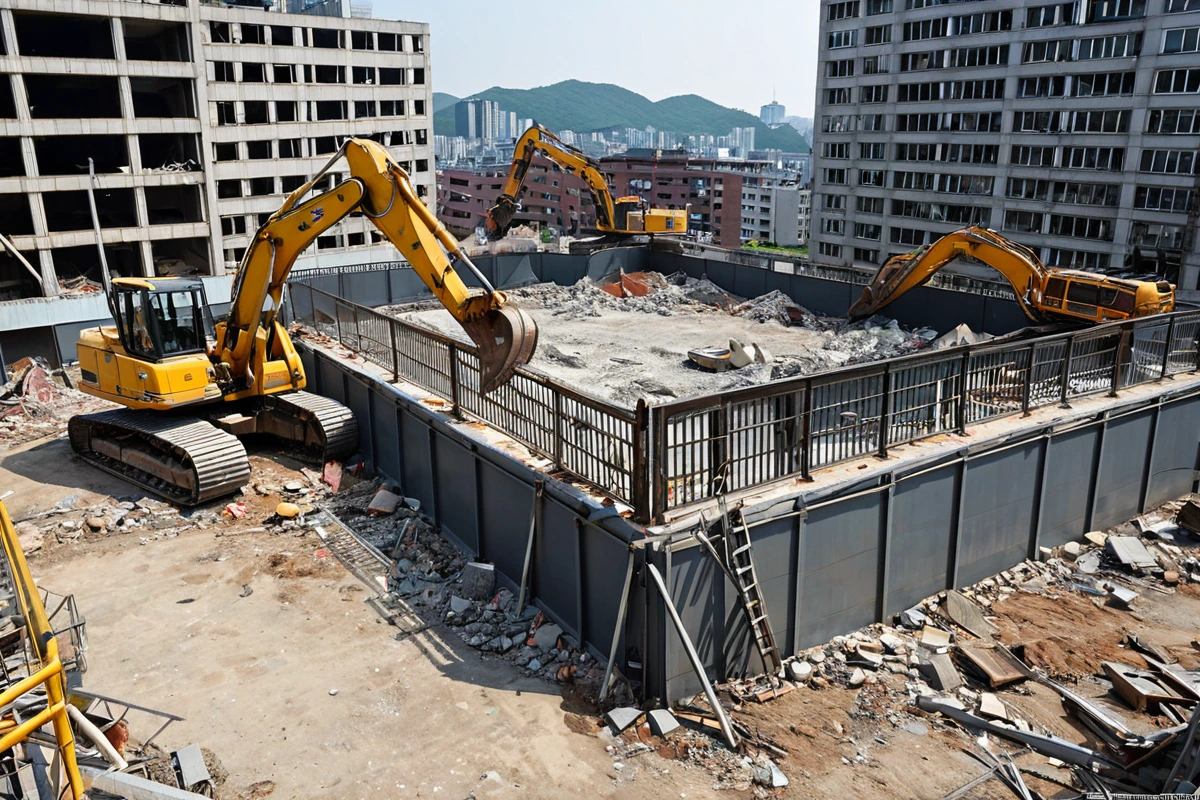 서울 강서구 가양동의 주택 철거 현장에서 대형 건물의 철골 구조가 드러나는 모습. 건물 외벽에 철거 작업을 위한 안전 울타리가 설치되어 있으며, 철거 기계가 준비된 채로 정리된 장