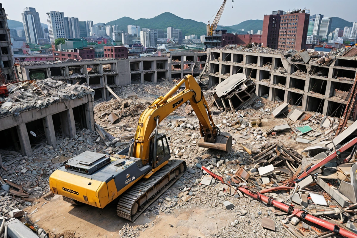 서울 강서구 가양동의 철거 현장에서 전문 철거 장비가 철거 작업을 진행하는 모습, 철거 장비의 정확한 구조와 안전 장치가 드러나는 사실적인 장면