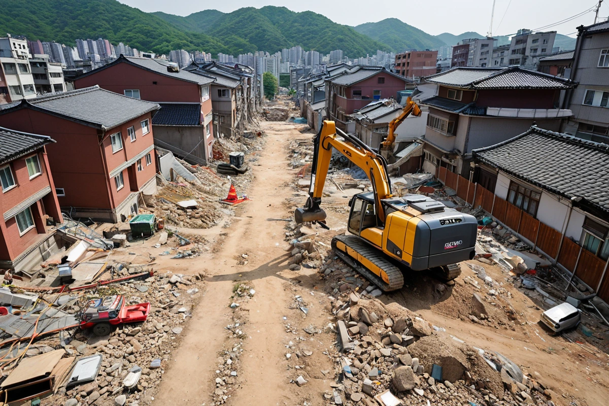 서울 강서구 가양동 주거 밀집 지역의 철거 현장에서, 구조물이 좁은 거리로 인접한 주택들 주변에 정밀 측정 장비가 배치된 모습. 건물 간 간격을 측정하는 레이저 거리계와 현장 조사