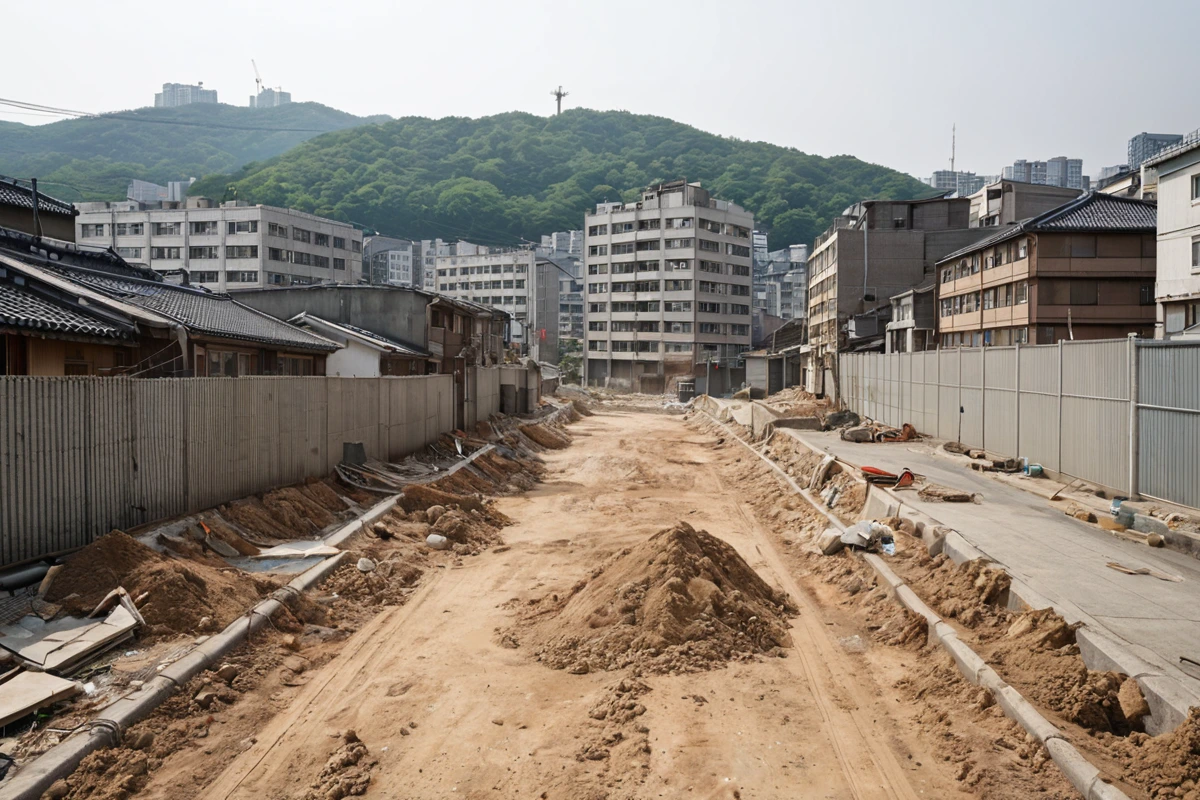 서울 강서구 가양동 주거지역과 상업지역이 혼재된 도시 풍경, 건물 외벽에 흙과 먼지가 묻은 철거 현장 주변에 주민들이 걷는 모습이 보이지 않는 조용한 길, 소음 제한 표지판이 걸린