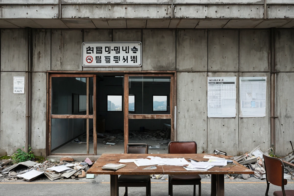 서울 강서구 공항동 상가 지역의 철거 업체 사무실 외관, 철거 전문 업체의 간결한 간판이 보이는 장면. 철거 업체의 인증서와 과거 사례를 확인하기 위한 문서가 테이블 위에 놓여 있