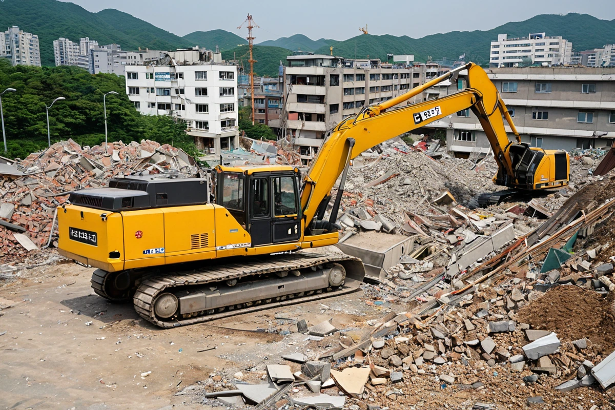 서울 강서구 공항동 주거 지역의 철거 현장. 소음과 진동을 줄이기 위해 특수 장비가 사용된 철거 공정, 주변 주택과의 거리가 유지된 철거 현장의 정리된 모습.