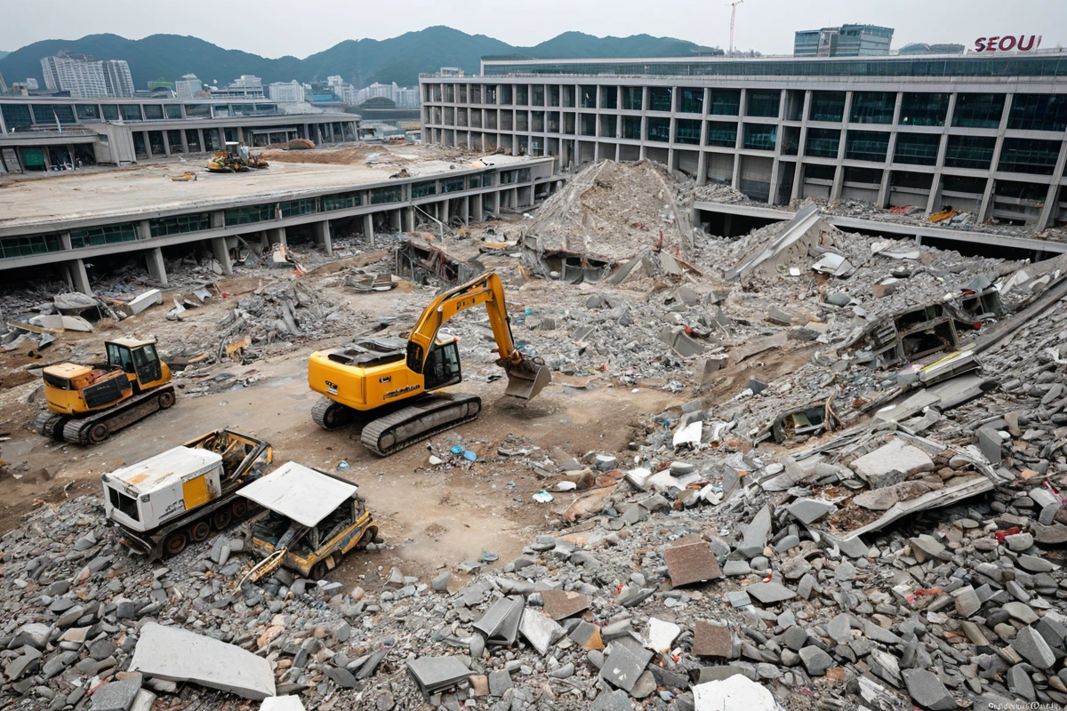 서울 강서구 공항동 지역의 주택 철거 현장에서 철거된 재료와 폐기물이 정리된 모습. 건물 구조와 철거 범위를 확인할 수 있는 정확한 비율의 사진.