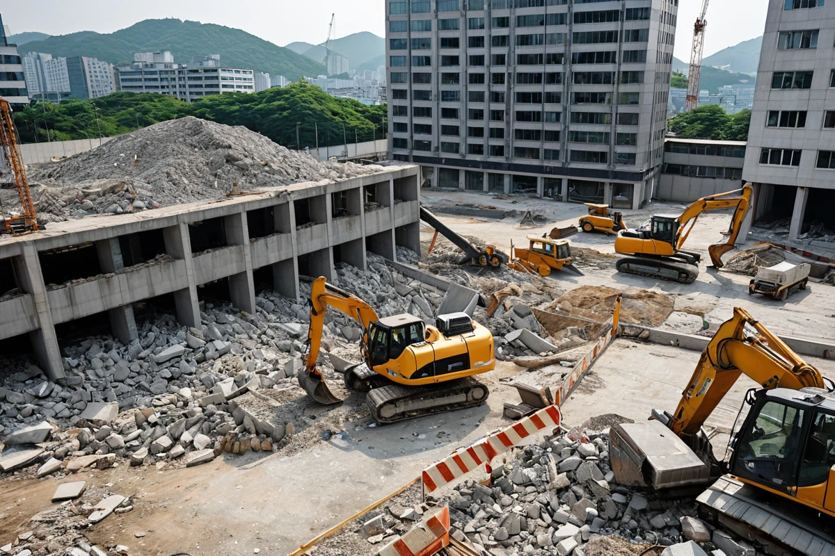 서울 강서구 발산동 상업용 사무실 철거 현장, 구조물 안전을 위해 전문가가 설치한 안전 울타리와 철거 장비가 배치된 실제적인 장면.