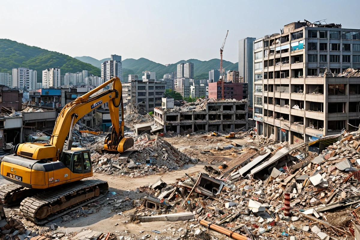 서울 강서구 발산동 상업지역의 건물 철거 현장. 상가 건물과 주거 건물이 혼재된 도시 풍경 속에서 철거 중인 건물의 구조와 폐기물 처리 장면, 지역적 특성을 반영한 철거 비용 산정