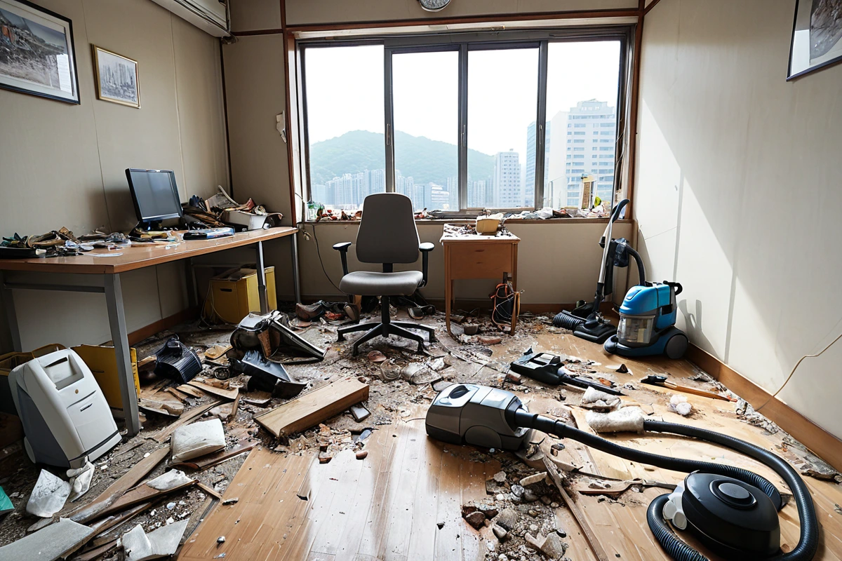 서울 강서구 발산동의 작은 사무실 내부에서 청소 중인 철거 작업장의 모습. 철거된 가구와 잔해가 정리된 바닥 위에 청소기와 청소 도구가 놓여져 있는 자연스러운 장면.