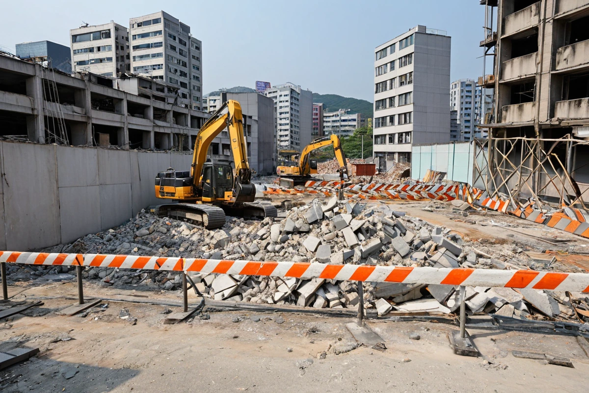 서울 강서구 발산동 인테리어 철거 현장, 구조물 안전 점검을 위한 안전 울타리와 철거 장비가 안전하게 정리된 공간