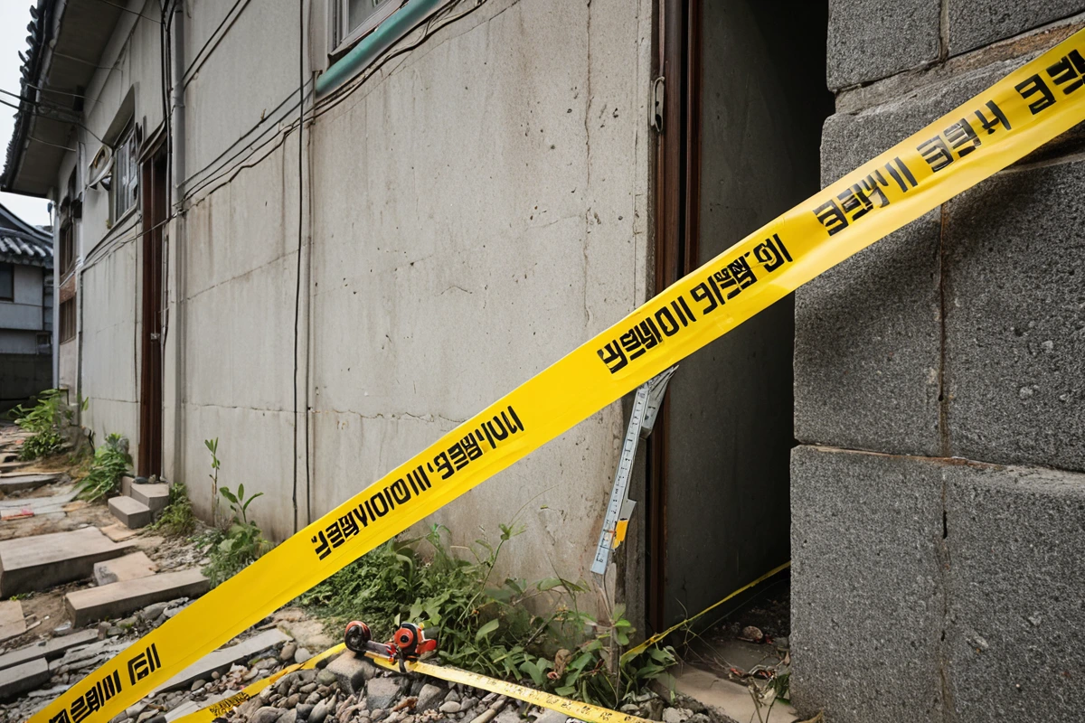 서울 강서구 발산동 주거 밀집 지역의 철거 전 현장에서, 정확한 점검을 위해 철거 구역을 둘러싼 경계선과 현장 점검 도구가 놓인 모습. 주변에는 철거 작업이 예정된 건물의 외부 구