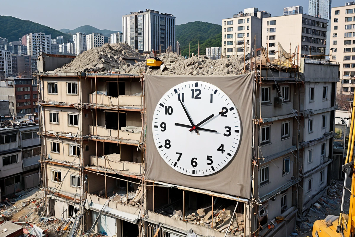 서울 강서구 발산동 주택 철거 현장, 주변 주거지와의 조화를 보여주는 장면. 철거 작업 중인 건물 외벽에 먼지 차단 천이 설치되어 있고, 작업 시간 조정을 위한 시계가 보이는 공사