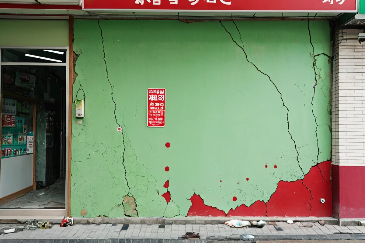 서울 강서구 방화동 상가 벽면 손상 부위를 중심으로, 경미한 흠집과 심한 벽면 손상 비교 장면. 벽면은 일반적인 페인트 벽으로, 손상된 부분에 라벨로 '경미'와 '심각' 표시가 되