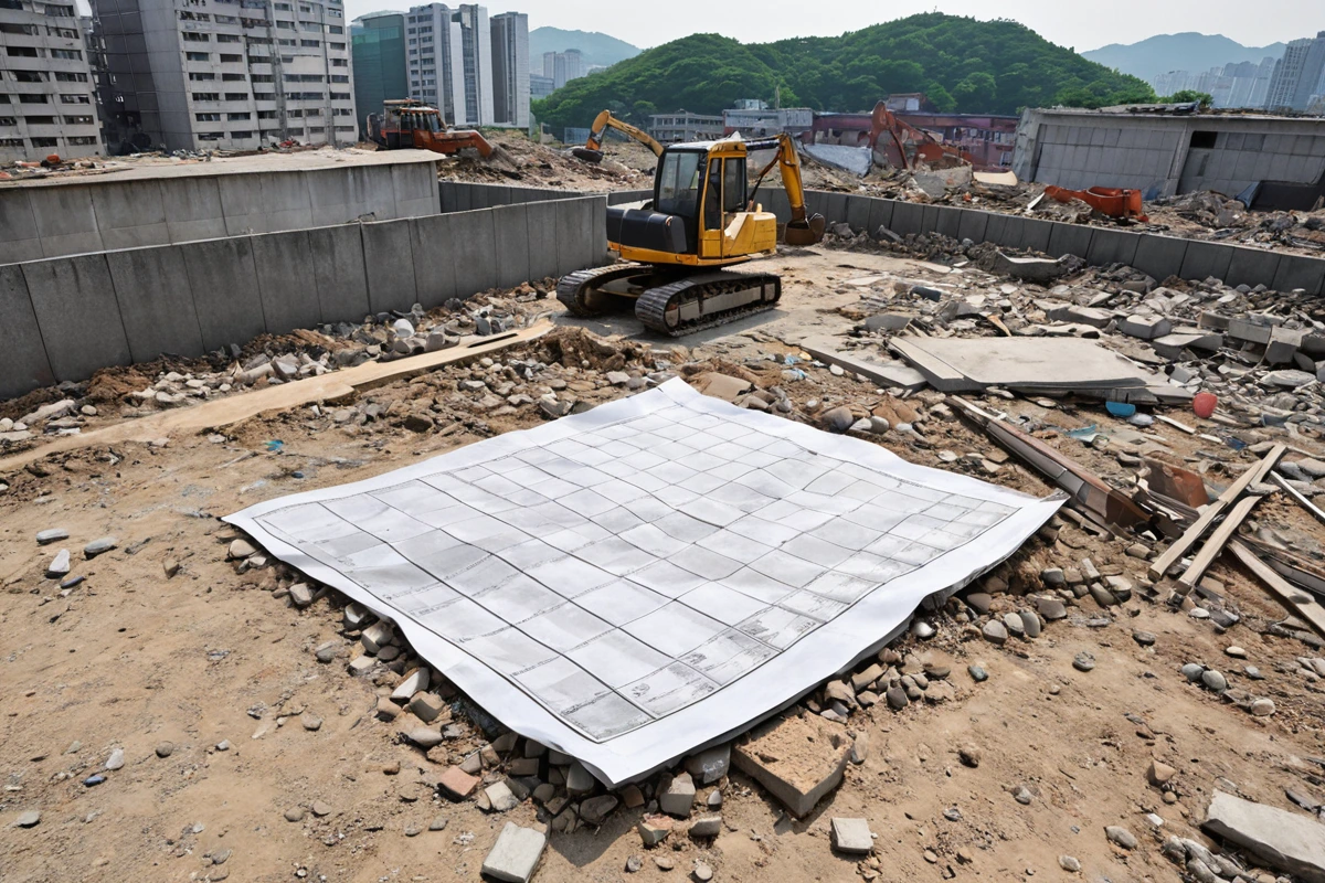 서울 강서구 방화동의 주택 철거 현장에서 철거 면적을 측정하는 측정기와 건물 연식을 확인하는 문서가 놓여 있는 모습. 10㎡ 단위로 표시된 측정 도구와 과거 건축 허가서가 배경에