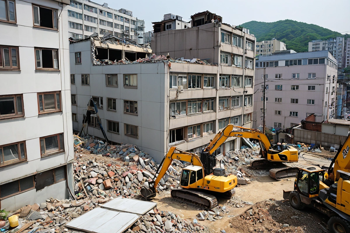 서울 강서구 방화동 주변의 주거지역과 인접한 식당 철거 현장. 주변 건물과의 거리가 좁은 공간에서 철거 장비가 안전하게 배치된 모습. 주변 건물의 창문이 보이는 배경으로 소음 차단