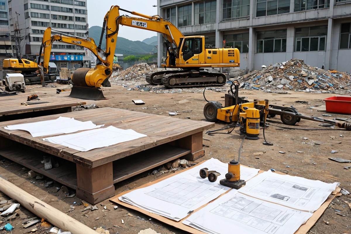 서울 강서구 염창동 상가의 철거 후 원상복구 작업을 위한 전문 장비가 정리된 현장. 철저한 현장 점검을 위한 도구와 정확한 견적서가 놓인 테이블 위의 상황.