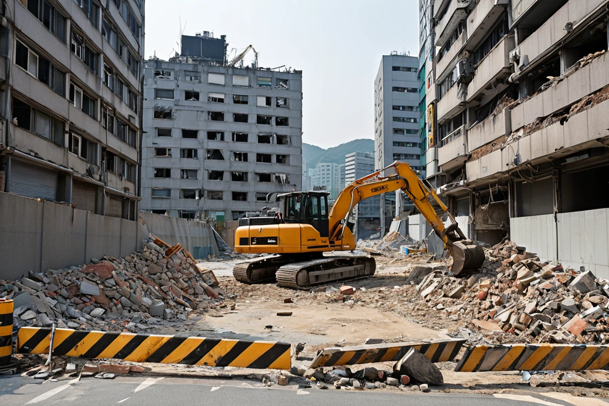 서울 공덕 지역의 밀집된 건물 사이에서 철거 작업 중인 현장. 철거 장비가 주변 건물과 도로를 고려해 안전하게 배치되어 있으며, 철거 과정에서 발생할 수 있는 소음과 진동을 최소화