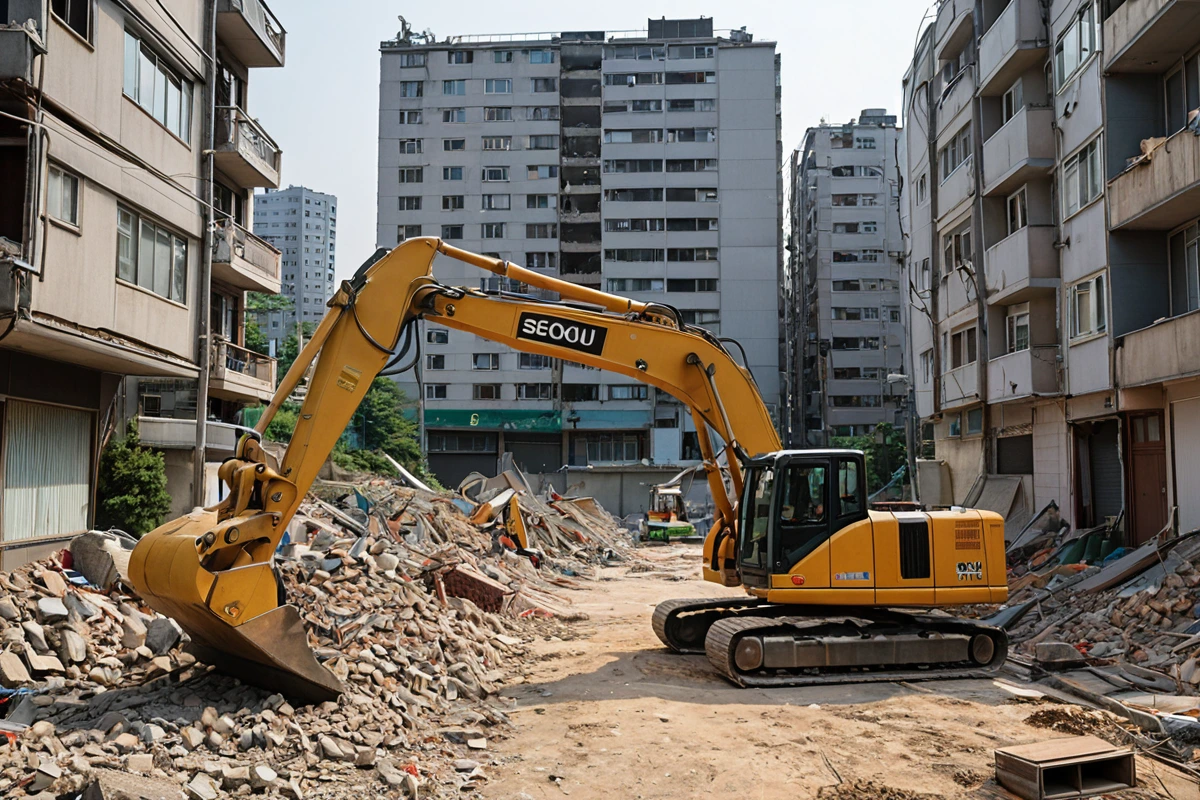 서울 공릉 주거 지역의 철거 현장에서 소음과 진동을 최소화하기 위해 특수 장비로 철거 작업이 진행되고 있는 모습. 주변 주택과의 거리감이 자연스럽게 보이는 주거 지역 철거 현장.