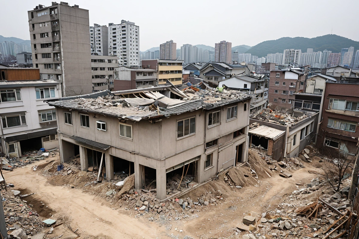 서울 관악구 봉천동의 주택 철거 현장, 건물 외벽에 흙먼지가 가득한 철거 중인 주택과 주변의 일반 주택들이 조화롭게 배치된 장면. 건물의 구조물이 철거 중인 모습과 주변 주택의 규