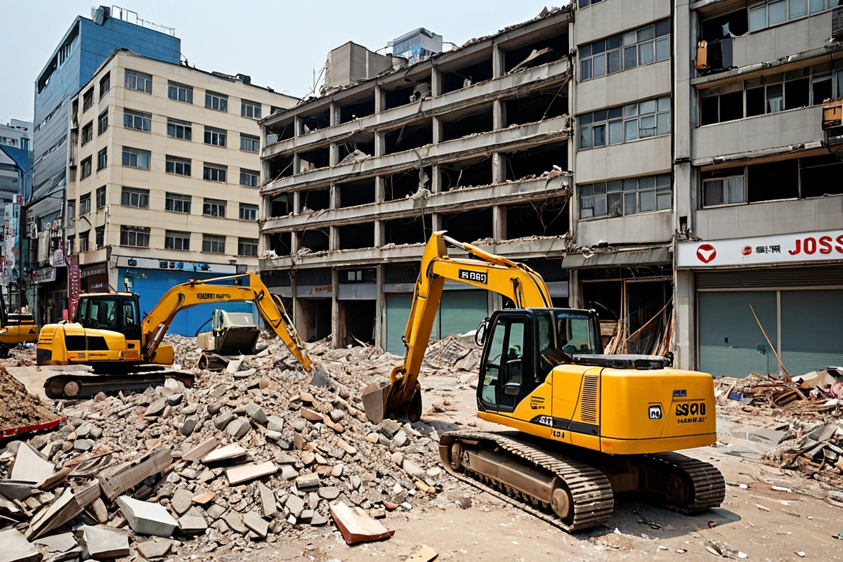 서울 관악구 옥수동 상업지역의 점포 철거 현장, 주변 상가와의 거리가 가까운 건물의 외부에서 철거 중인 구조물의 모습, 소음 제한 시간대에 맞춘 철거 작업 장비가 정리된 채로 배치